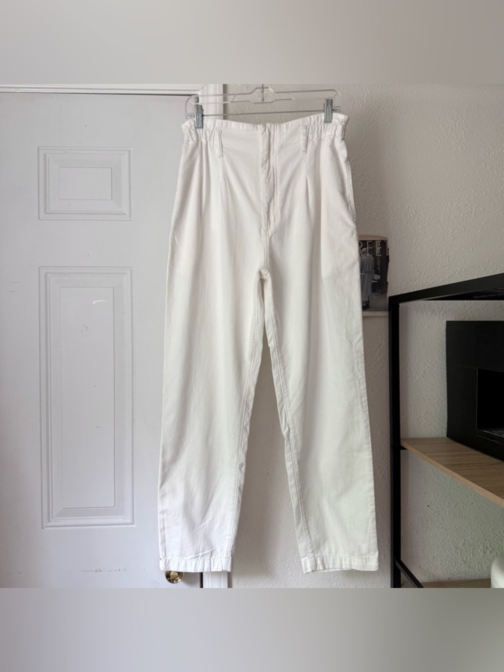 XIRENA white cotton high rise paperbag pull on straight leg pants